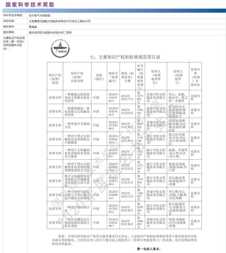 "大规模塔式储能太阳能热发电技术开发及工程化示范"入围2020年度国家科学技术进步奖名单